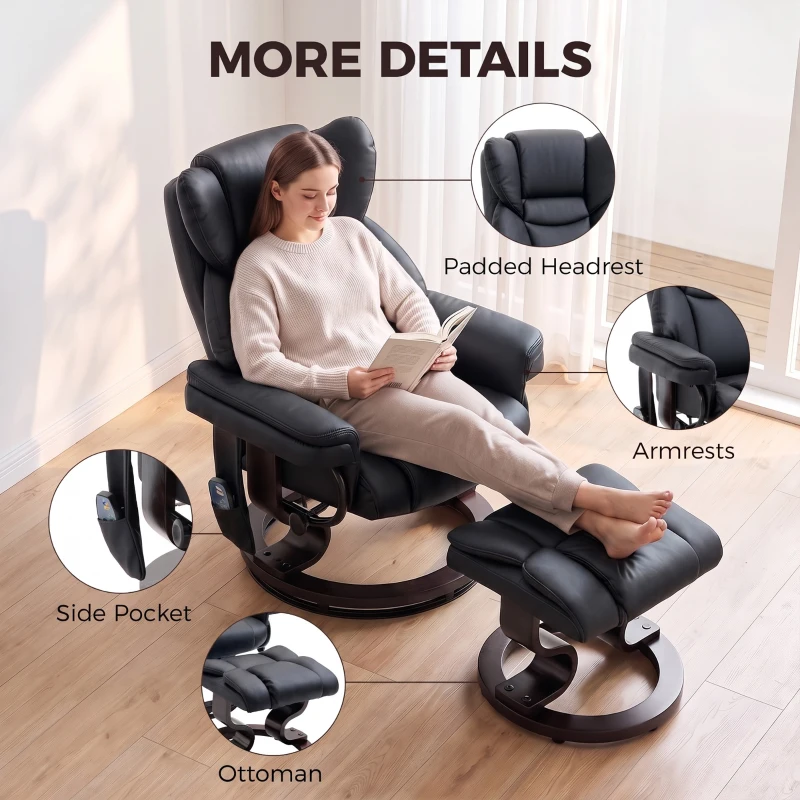 HOMCOM Massage Recliner Chair with Footrest, Swivel Armchair, Wrapped Wood Base, 10 Massage Points, Faux Leather, Black