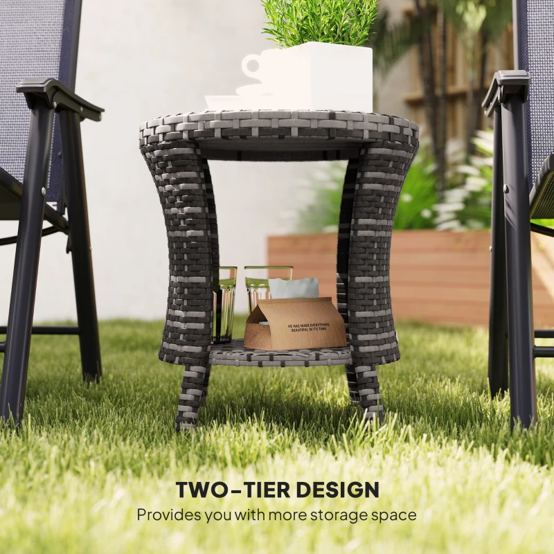 Outsunny 18" Wicker Outdoor Coffee Table, PE Rattan Patio Side Table with 2-Tier Storage, Composite Wood Top, Grey