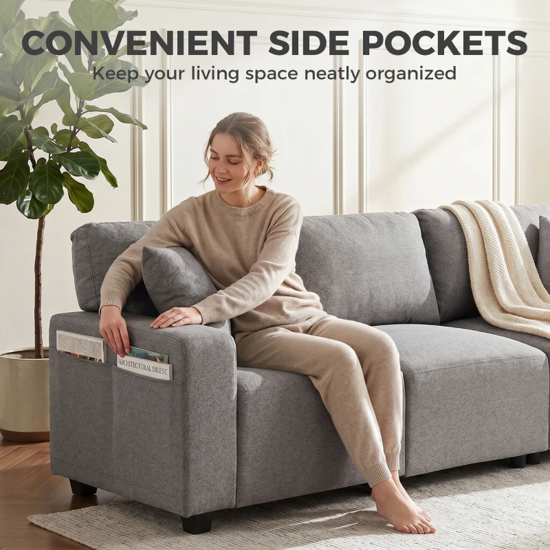 HOMCOM 3 Seater Sofa with Storage Pockets, Modern Upholstered Couch with Pocket Springs, Grey