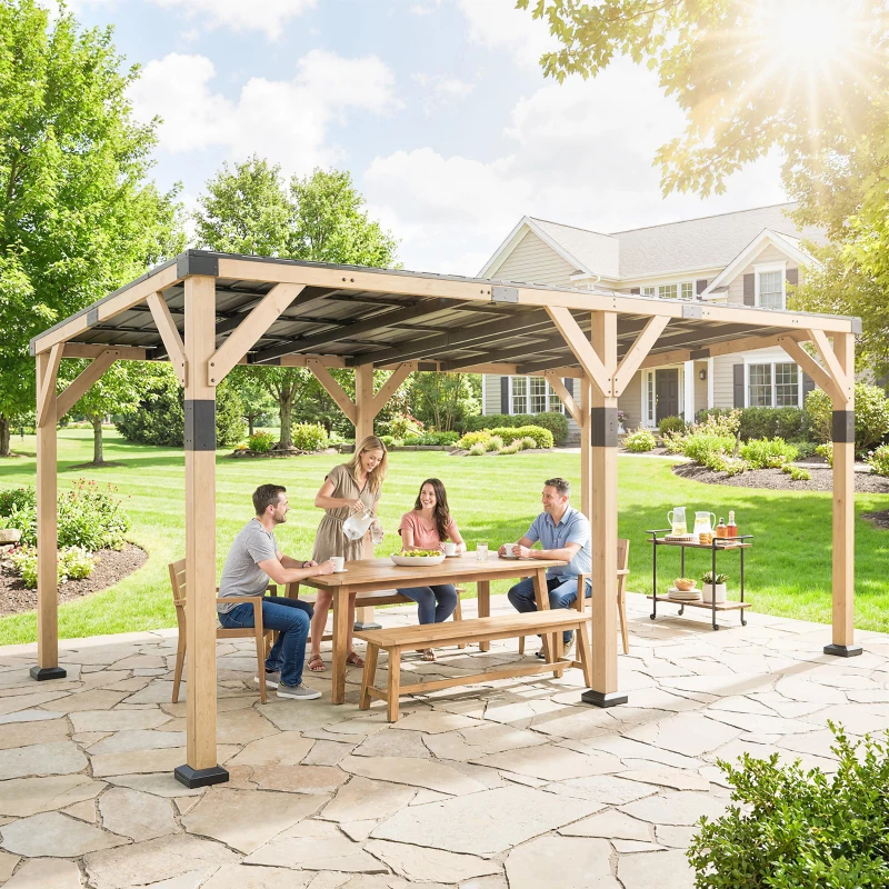 Outsunny 10' x 20' Wooden Gazebo, Hardtop Lean-to Gazebo Pergola with Galvanized Steel Sloped Roof, Light Walnut