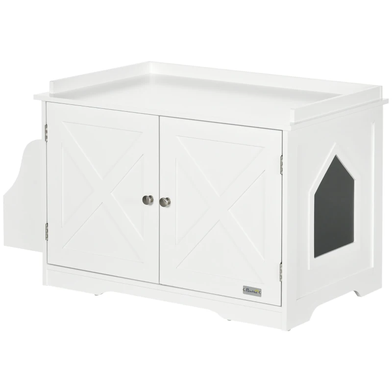 PawHut Wide & Large Cat Litter Box Furniture Hidden Farmhouse Table with Magnetic Doors, Big Covered Kitty Litter Box Enclosure Cabinet with Shelves, Pet Furniture Cat Gift Side Table, White
