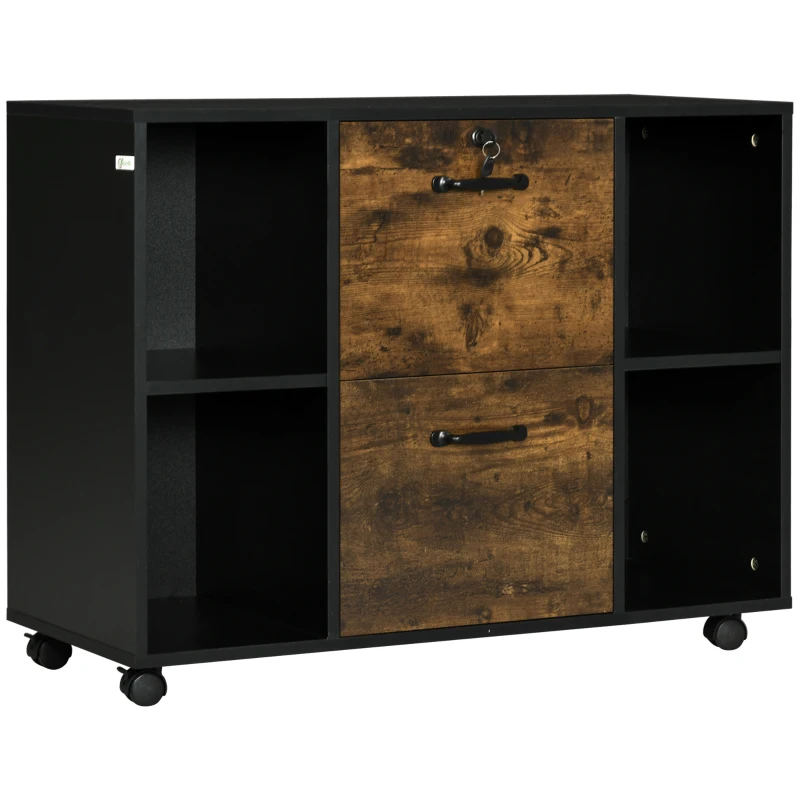 Vinsetto Lateral Filing Cabinet with Wheels and Lockable Drawer, File Cabinet, Mobile Printer Stand with Open Shelves for Letter and A4 Size Documents for Home Office, Rustic Brown