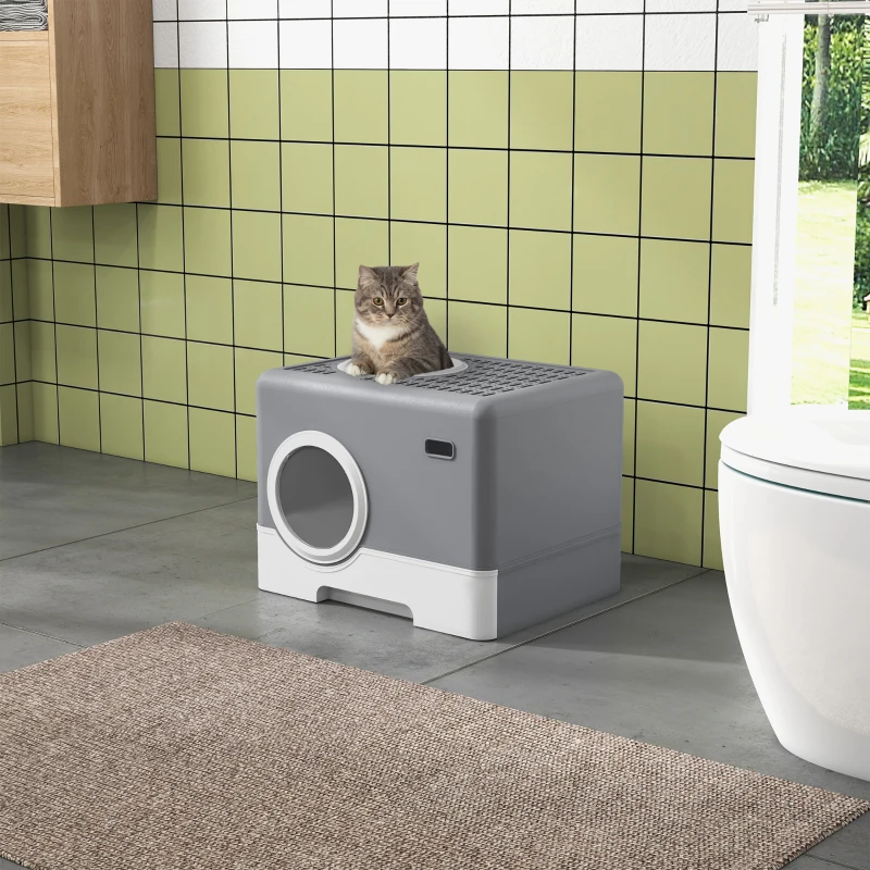 PawHut Cat Litter Box, Litter Tray, Front Entry, Top Exit, 20.5" x 16" x 15"
