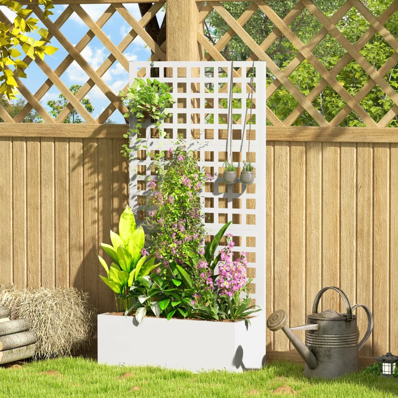 Outsunny Galvanized Raised Garden Bed Planter Box with Trellis for Climbing Plants, Vegetable, Vines, 35" x 16" x 70", White