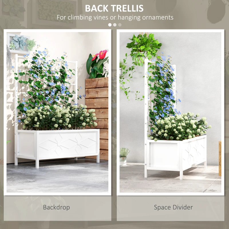 Outsunny Outdoor Planter Box Galvanized Raised Garden Bed with Trellis for Climbing Vines, 35.4" x 15.7" x 47.2", White