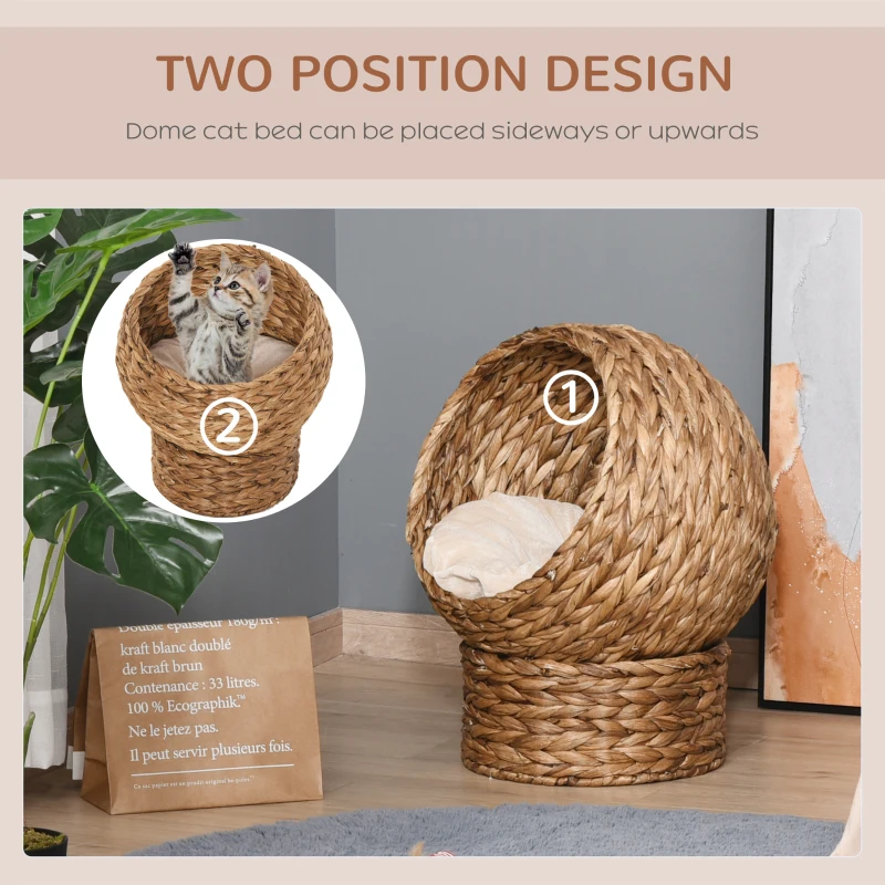 PawHut Handwoven Elevated Cat Bed with Soft Cushion & Egg Chair Shape, Basket Bed Kitty House with Stand, Raised Wicker House for Indoor Cats, 23.5" H, Light Brown