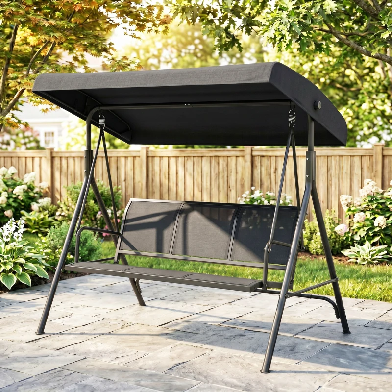 Outsunny 3-Seater Swing Chair Covered Garden Hammock A-Frame Outdoor Porch Glider Sling Seat with Adjustable Canopy Cover, Black