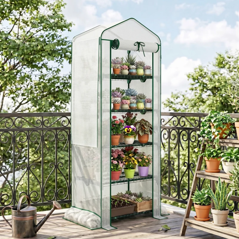 Outsunny Mini Greenhouse with Screen Roof, 5 Tier Portable Small Greenhouse with High Strength PE Cover, White
