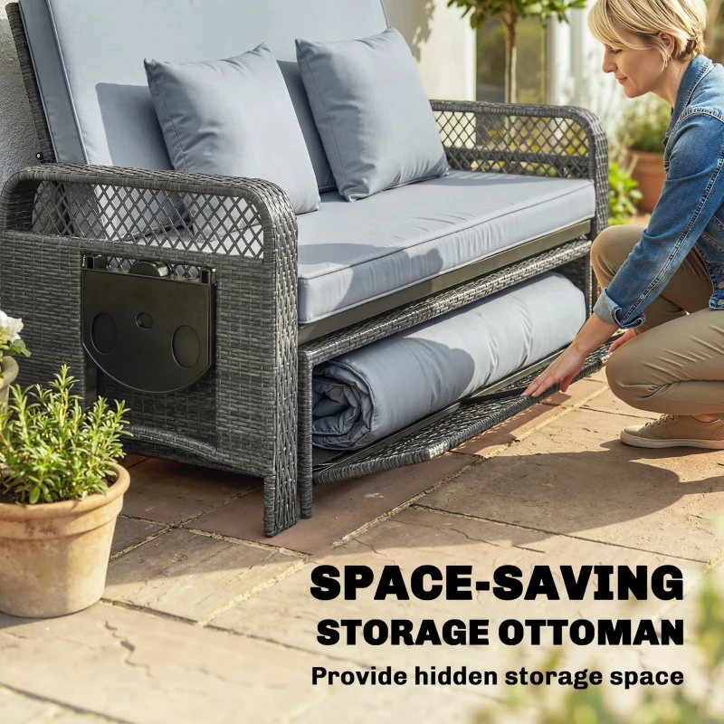 Outsunny 2 Pieces Patio Lounge Chair Set with Cushions, PE Wicker Outdoor Chaise Lounge with Adjustable Backrest, Side Trays