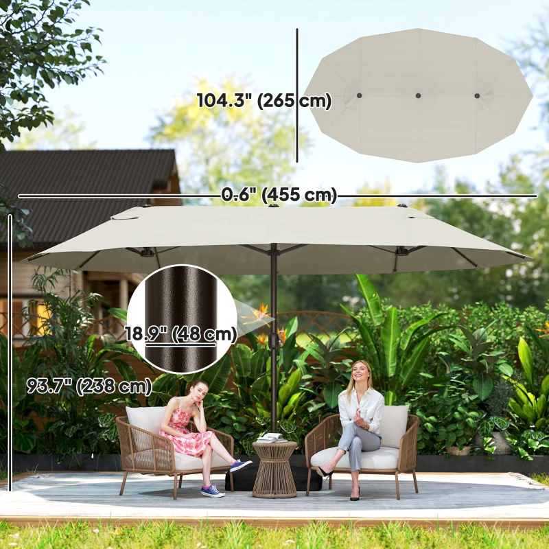 Outsunny 15' Outdoor Patio Umbrella with Twin Canopy Sunshade Steel Table Umbrella w/ Lift Crank, Cross Base, Sandbag, Cream