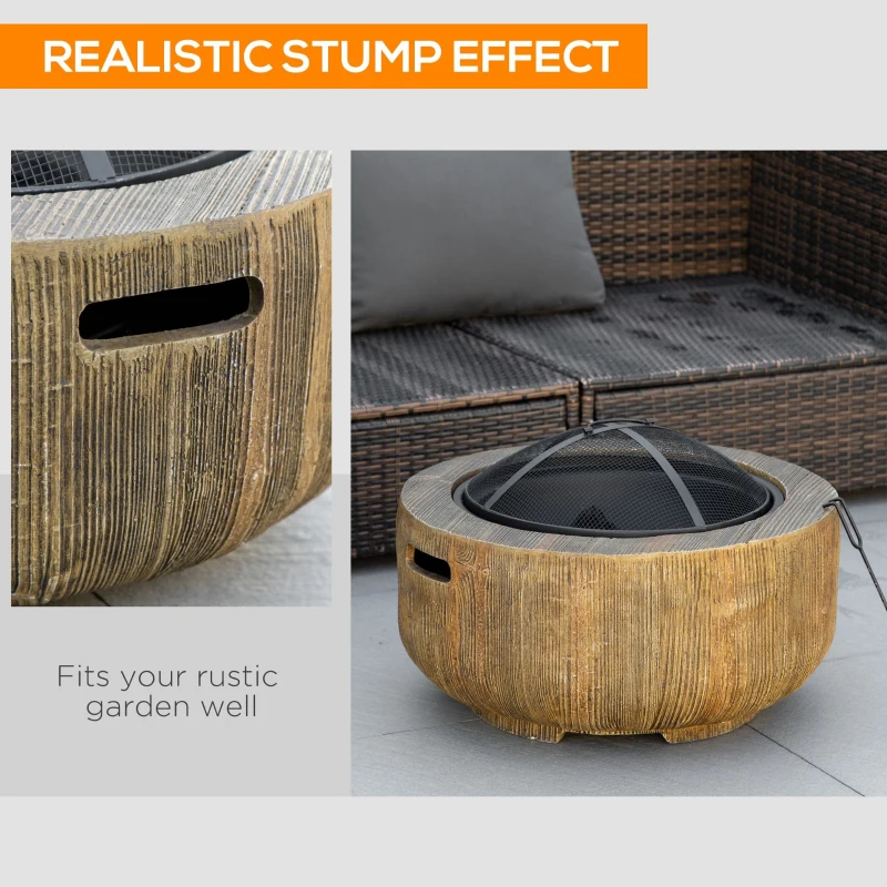 Outsunny Outdoor Fire Pit, 24 Inch Metal Wood Burning Fireplace with Spark Cover, Poker, Woodgrain Design, Light Brown