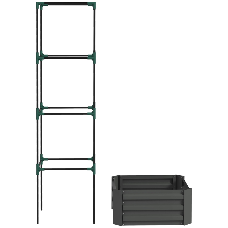 Outsunny Galvanized Planter Box, Outdoor Raised Garden Bed with 4-Tier Trellis Tomato Cage for Climbing Vines, Vegetables, Grey