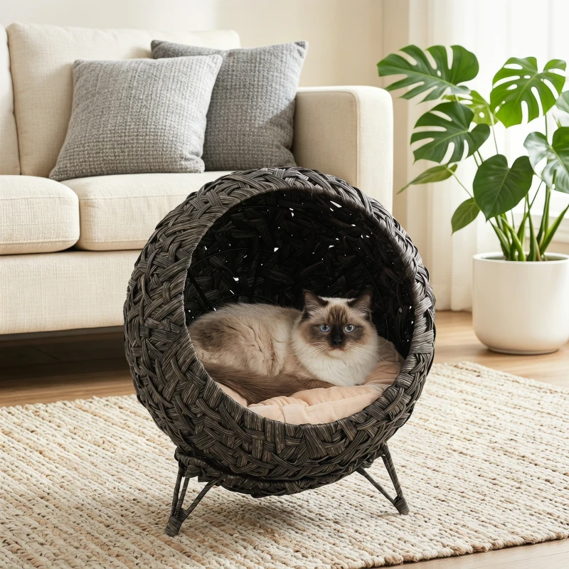 PawHut Rattan Cat Bed, Elevated Handwoven Cat Basket Bed with Soft Cushion and Metal Base