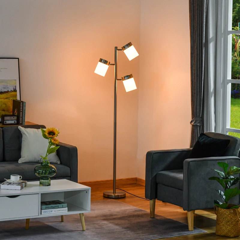 HOMCOM Modern Floor Lamp, Standing Lamp with 3 Rotating Lights for Living Room, Bedroom, Office, Silver