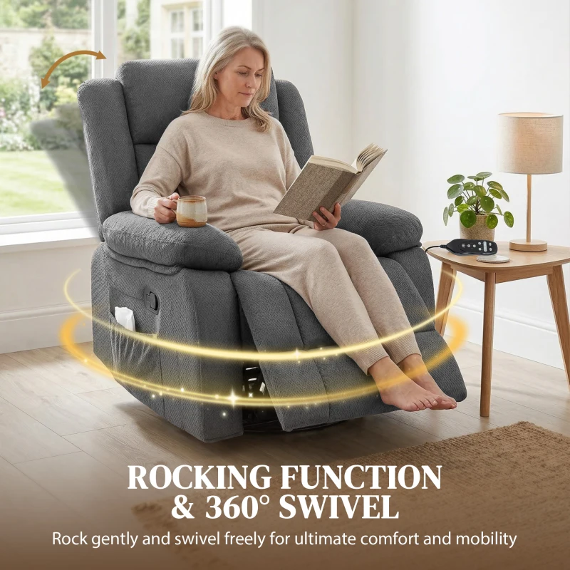 HOMCOM Recliner Massage Armchair with Heat, Oversized Swivel Rocker with Footrest, Remote and Side Pockets, Gray