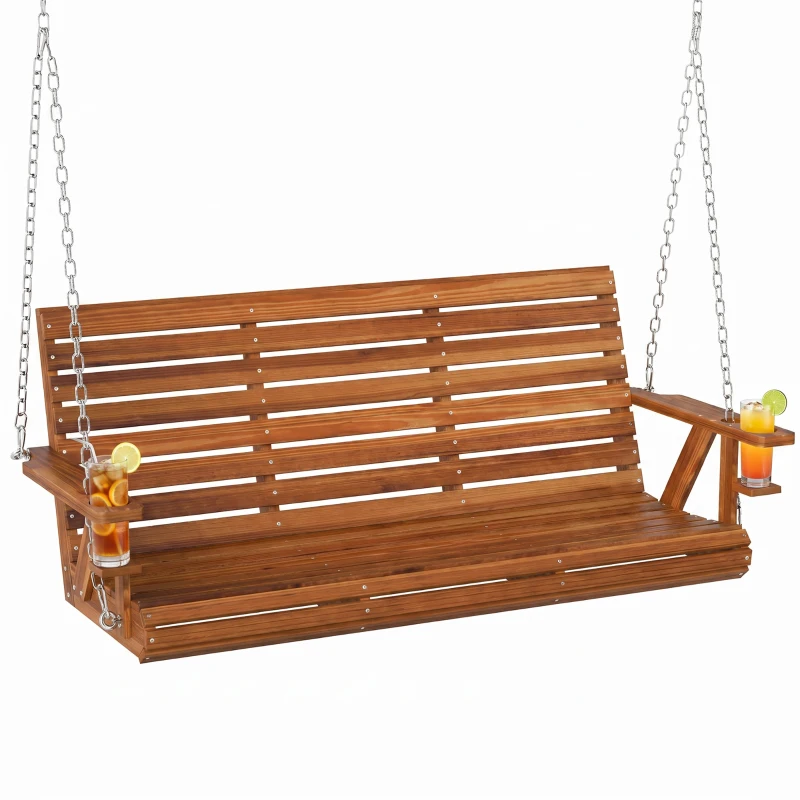 Outsunny 3-Seater Swing Bench, Wooden Porch Swing with Cupholders, Hanging Chains for Patio Garden, Carbonized