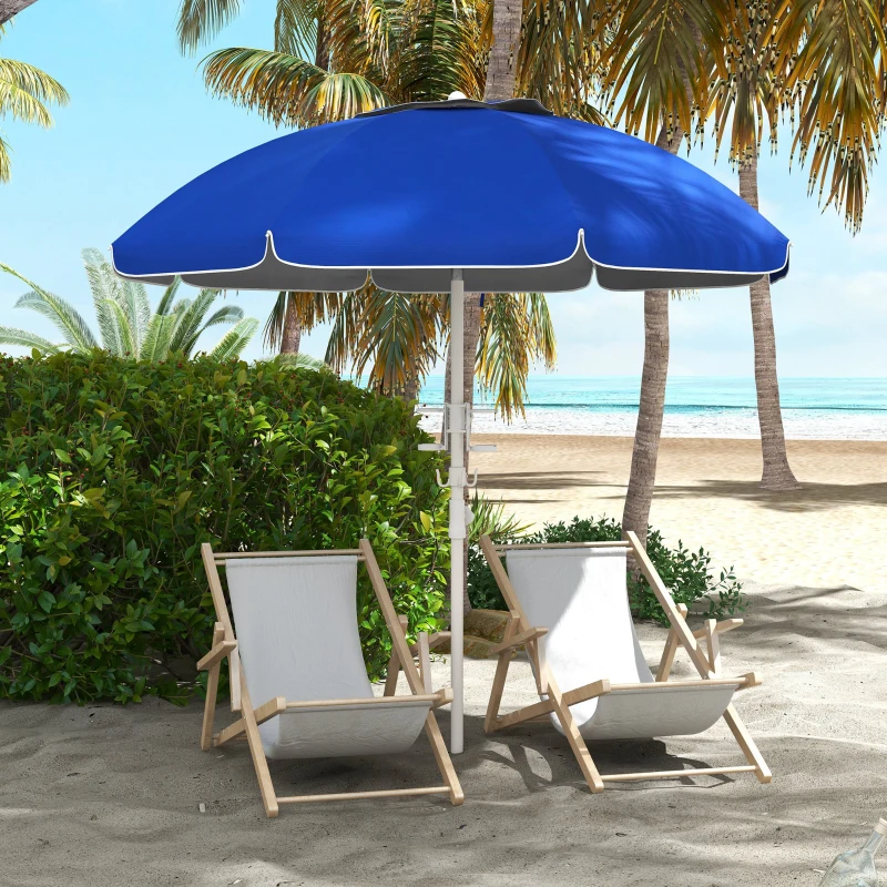 Outsunny 5.7' Beach Umbrella for Travel with Tilt, Adjustable Height, 2 Cup Holders, Hooks, Vent, Ruffles, Sapphire Blue