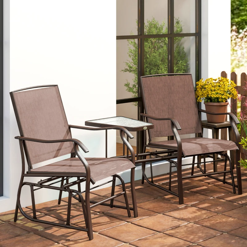 Outsunny Double Patio Glider Chair with Glass Top Center Table, Outdoor Glider Loveseat with High Back,  All Weather Breathable Mesh Fabric for Garden, Backyard, Deck, Brown