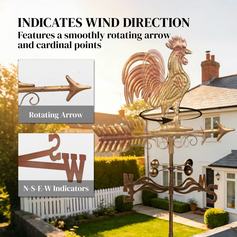 Outsunny Metal Rooster Weathervane, Roof Mount Wind Direction Indicator, Outdoor Weather Vanes