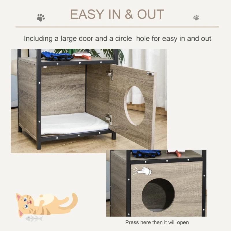 PawHut Wooden Cat House Kitten Condo Shelter Bed w/Soft Cushion Cat Litter Box Enclosure End Table Hideaway Cabinet Storage, Grey