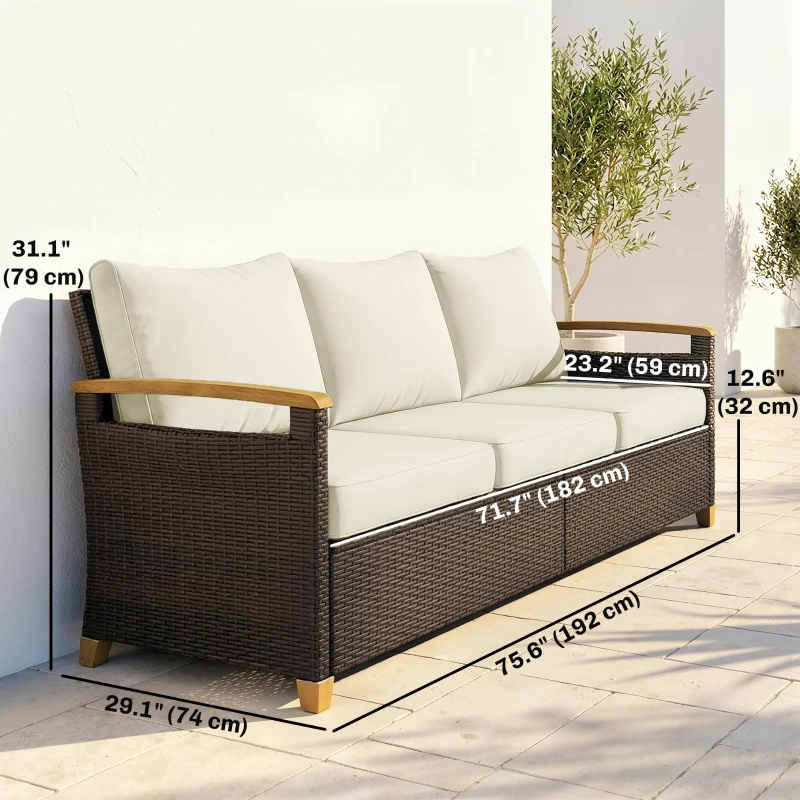 Outsunny 3 Seater Outdoor Couch Sofa, PE Wicker Patio Furniture Couch, Wide Seat, 4" Cushions, Wood-Effect Armrests, Cream White