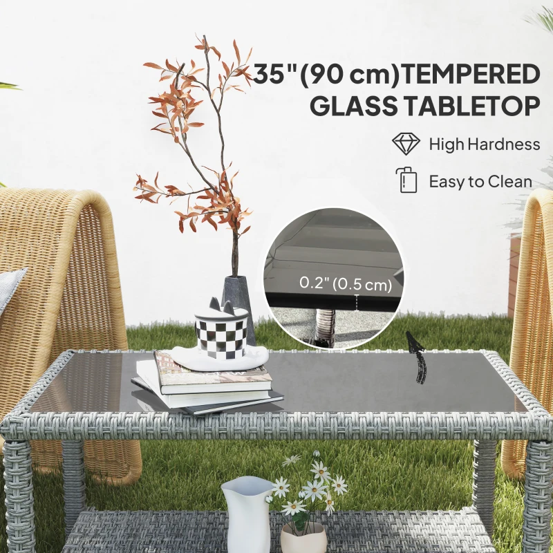 Outsunny 35" Outdoor Wicker Coffee Table with Glass Top, Storage Shelf for Garden Porch Balcony Deck, Dark Grey