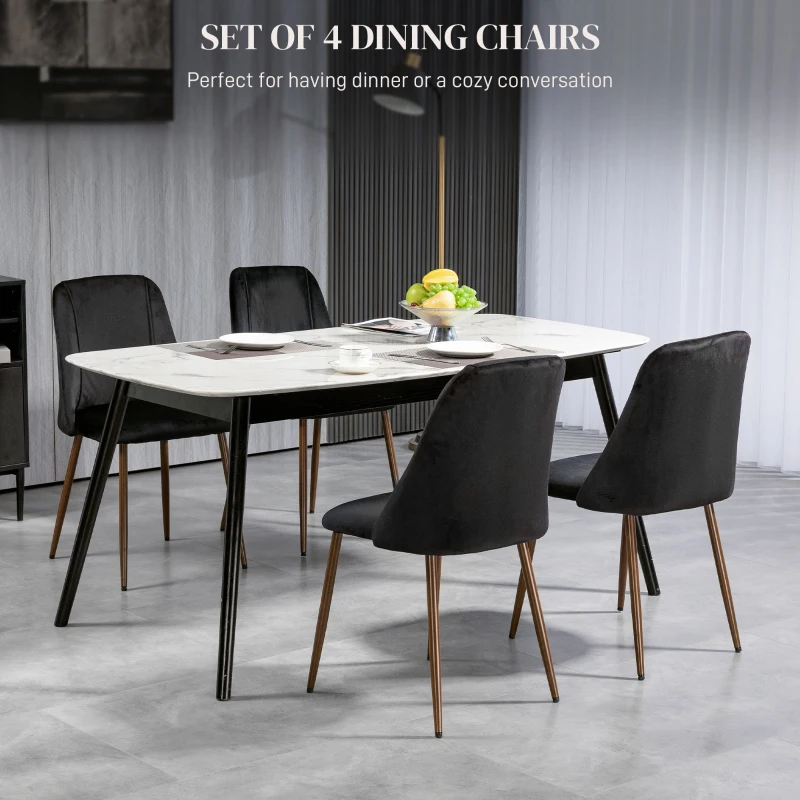 HOMCOM Upholstered Dining Chairs Set of 4, Velvet Accent Chair with Back and Wood-grain Steel Leg for Kitchen, Black