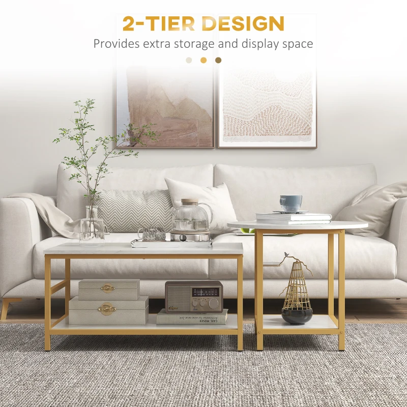 HOMCOM Coffee Tables Set of 2, Rectangle and Round Coffee Table with Storage Shelves, Faux Marble Top, Living Room Table Set