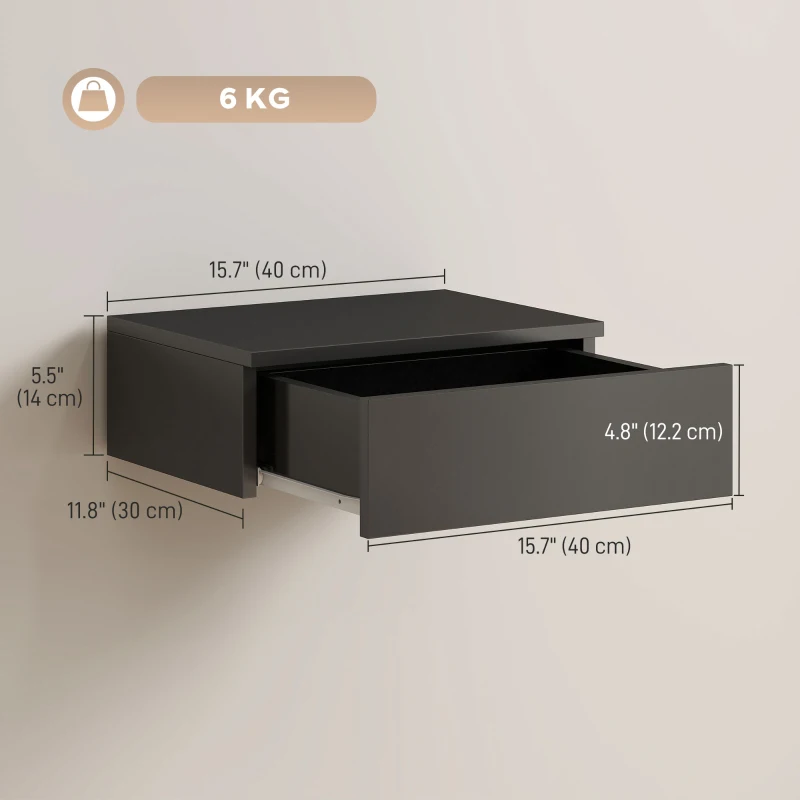 HOMCOM Set of 2 Wall Mounted Bedside Tables, Floating Nightstands with Drawer for Bedroom, Black