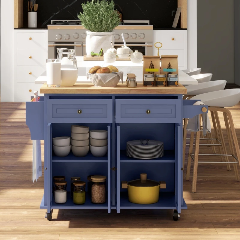 HOMCOM Kitchen Island on Wheels, Rolling Cart with Rubberwood Top, Spice Rack, Towel Rack and Drawers, Navy Blue