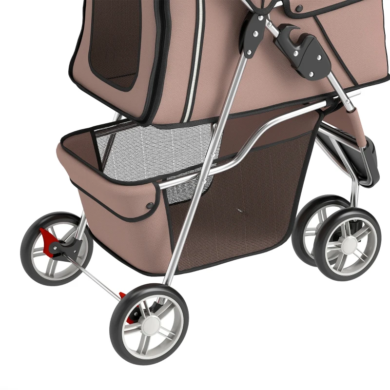 PawHut 3 Wheels Foldable Dog Stroller with Storage Basket, Adjustable Canopy, Cupholder for Miniature and Small Dogs, Coffee
