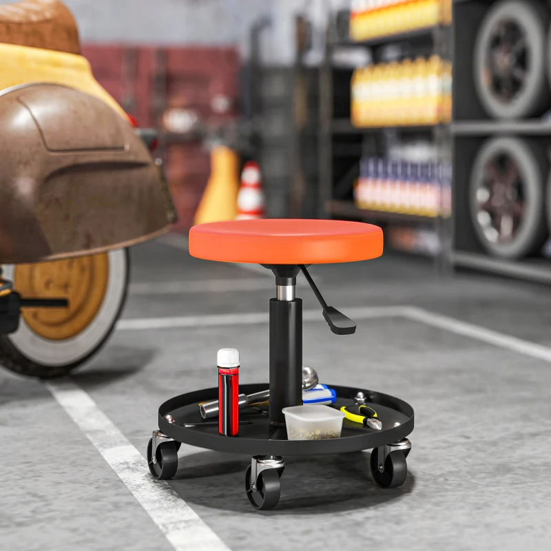 HOMCOM Rolling Garage Stool, 300 LBS Capacity Padded Mechanic Stool with 2.5" Wheels, Adjustable Height 15" -19.7", Orange