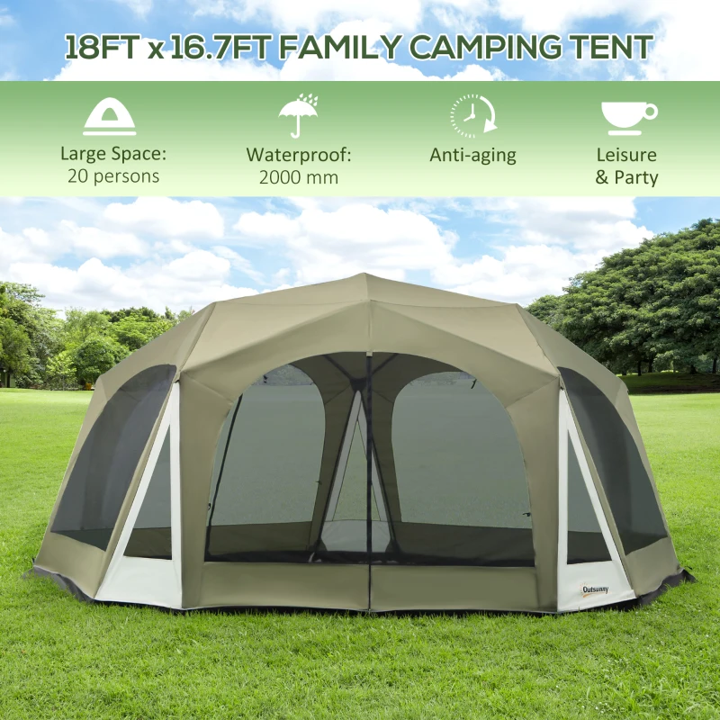 Outsunny 20 Person Camping Tent, Outdoor Cabin Tent Tent with 2 Doors, Screen Room, Family Dome Tent for Hiking, Backpacking, Traveling, Easy Set Up, Army Green