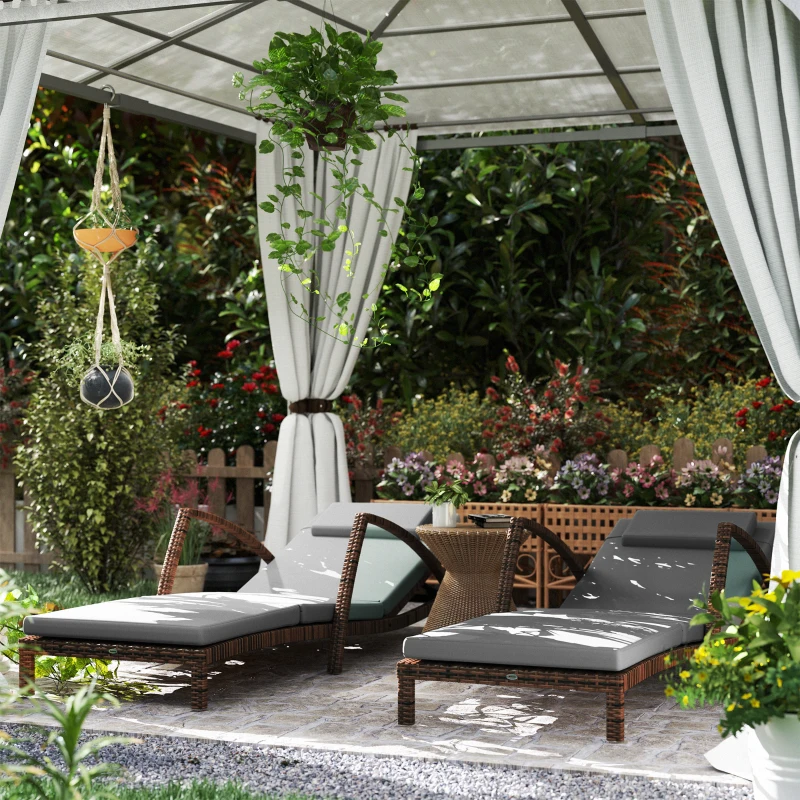 Outsunny Set of 2 Wicker Chaise Lounge Chair Outdoor Patio Lounger with 5 Adjustable Back, Wheels, Cushion, and Armrests, Gray
