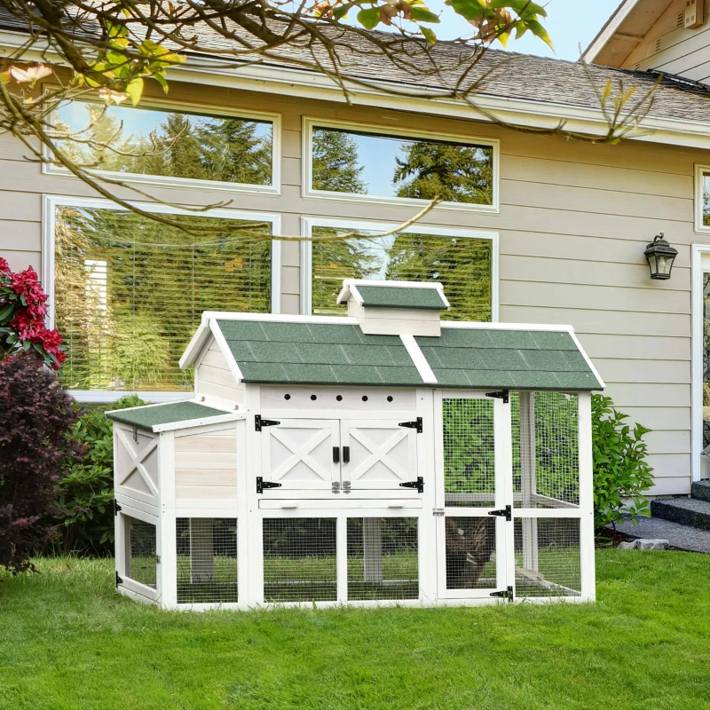 PawHut Wooden Chicken Coop Hen House with Removable Tray and Nest Box, 71" Rabbit Hutch and Poultry Cage with Ventilated Holes , White