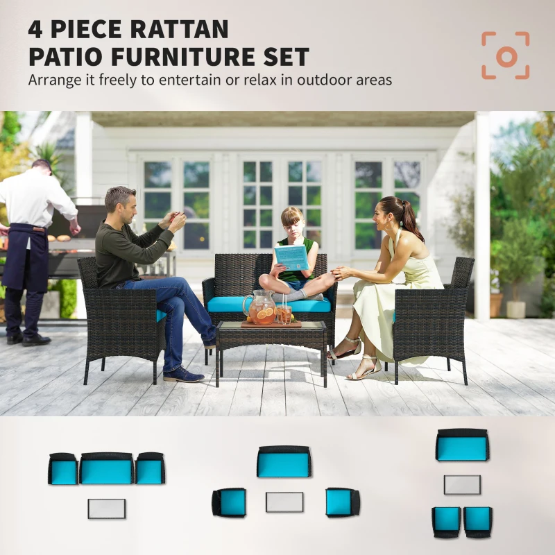 Outsunny 4 Pieces Wicker Outdoor Balcony Furniture Set Rattan Patio Furniture Set with Loveseat Chairs Glass Coffee Table Turquoise