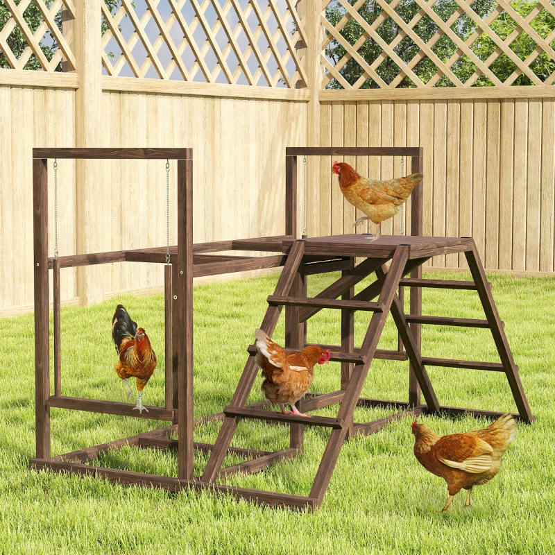 PawHut Chicken Activity Play Set with Multiple Chicken Perches, Swing, Ladder, Platform for 3-4 Chickens, Coffee