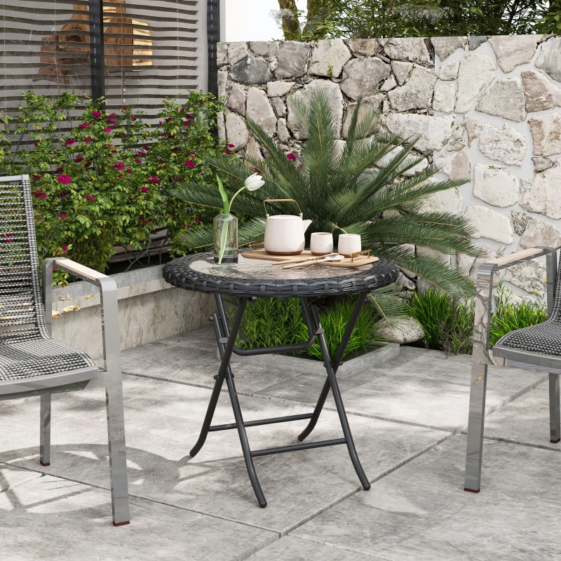 Outsunny Folding Round Tempered Glass Metal Table with Edging, Black