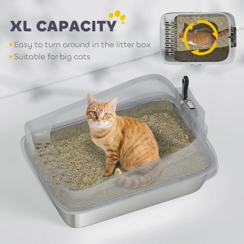 PawHut Cat Litter Box Stainless Steel with Metal Litter Scoop, Never Absorbs Odors, Anti Leakage, 24" x 16" x 12", Grey