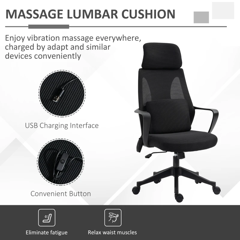 Vinsetto Ergonomic Home Office Mesh Desk Chairs, Computer Task Chair with Massage Lumbar Cushion, Adjustable Seat & Headrest, Rocking Function, Black