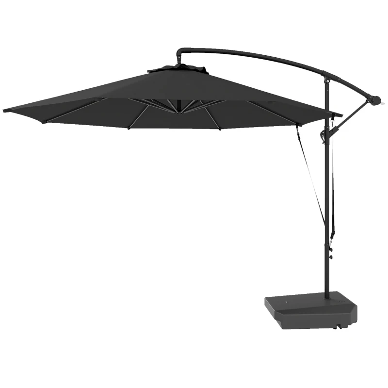 Outsunny 10FT Cantilever Umbrella with Fillable Base, Wind Strap and Cover, Offset Hanging Umbrella with Crank, UPF50+, Grey