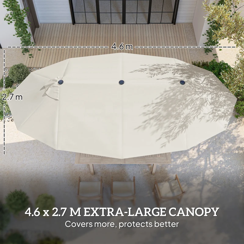 Outsunny 15' Outdoor Patio Umbrella with Twin Canopy Sunshade Steel Table Umbrella w/ Lift Crank, Cross Base, Sandbag, Cream