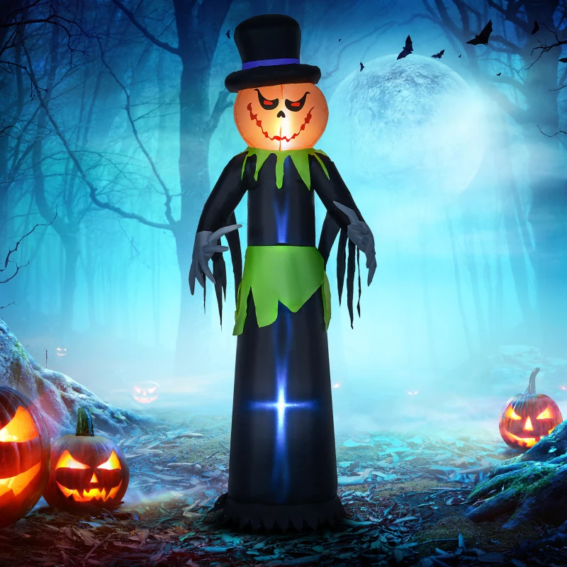 Outsunny 8ft Inflatable Halloween Pumpkin Head Ghost in A Hat, Blow Up LED Display for Garden Indoor Outdoor