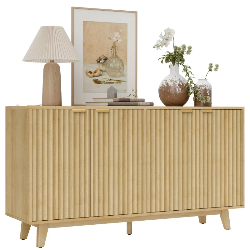 HOMCOM Fluted Sideboard Buffet Cabinet, 55" Coffee Bar Cabinet with 4 Doors, 2 Adjustable Shelves, 5 Wood Legs, Nature Wood