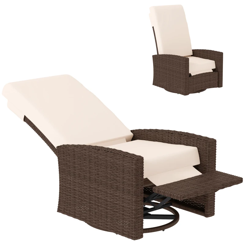 Outsunny Outdoor Wicker Swivel Recliner Chair, Lifting Footrest, 360° Rotating Basic, Water-resistant Cushions, Cream White