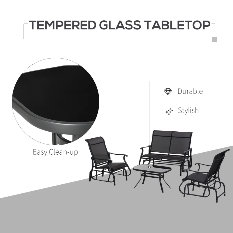 Outsunny 4 Pieces Gliders Set, Outdoor Furniture Sets with 2-Person Glider Patio Bench, Single Sling Chair and Glass Coffee Table for Backyard, Lawn and Garden, Black