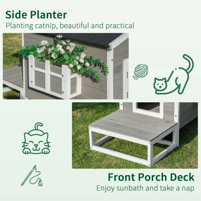 PawHut Wooden Cat House Outdoor with Door, Weatherproof 2-Floor Feral Cat Shelter with Asphalt Roof, Balcony, Dark Gray
