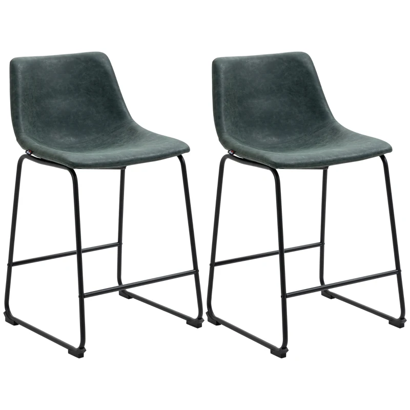 HOMCOM Counter Height Bar Stools Set of 2, Vintage PU Leather Bar Chairs, Kitchen Stool with Footrest for Home Bar Green