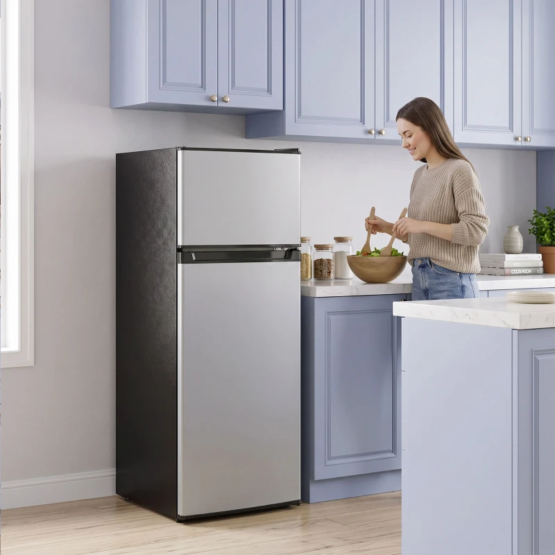 HOMCOM 7.7 Cu. Ft. Mini Fridge with Freezer, Compact Refrigerator with Adjustable Thermostat, Reversible Door, Silver
