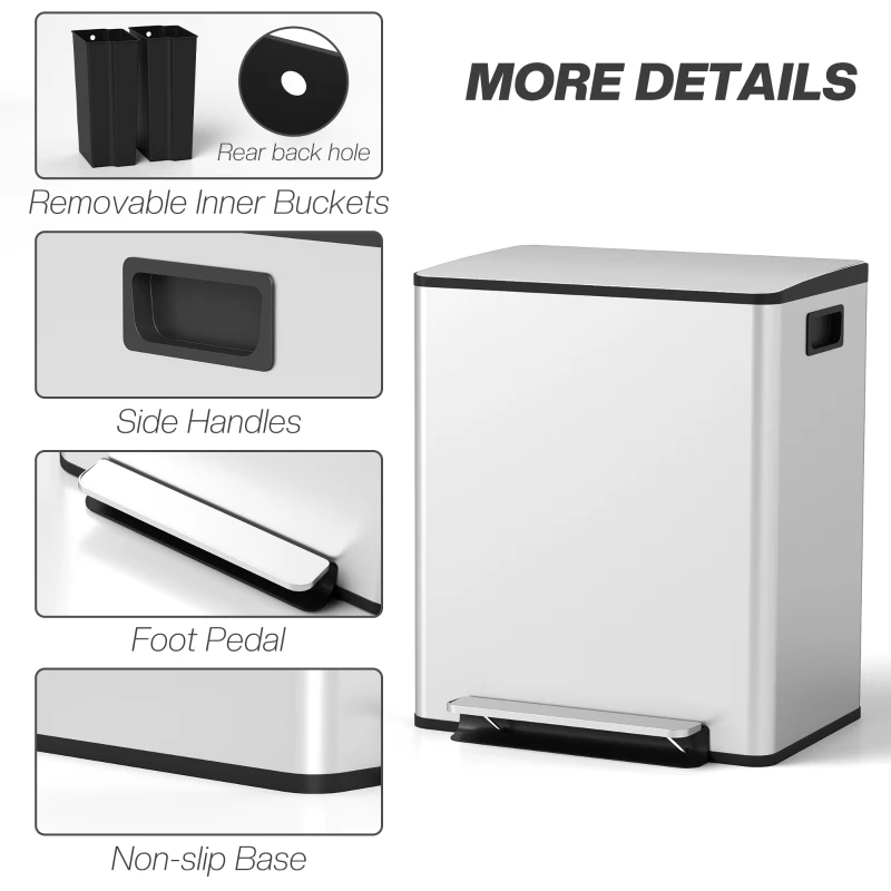 HOMCOM 2 x 6.6 Gallon Dual Trash Can with Removable Inner Buckets and Handles for Kitchen, Office, Bathroom, Silver